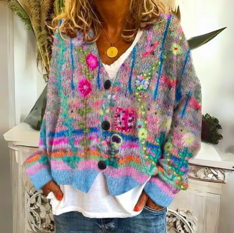 Women's artistic floral print open cardigan, lightweight bohemian layering piece for fall fashion.