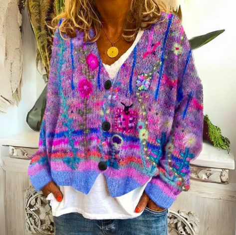 Evie women's cardigan with abstract floral print, perfect casual open-front top for bohemian style.