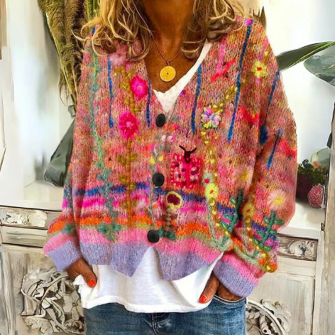 Lightweight women's open cardigan, artistic floral pattern for fall layering and casual outfits.
