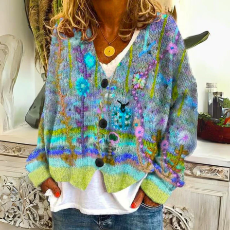Bohemian floral print women's cardigan, open-front design ideal for versatile layering and fall fashion.