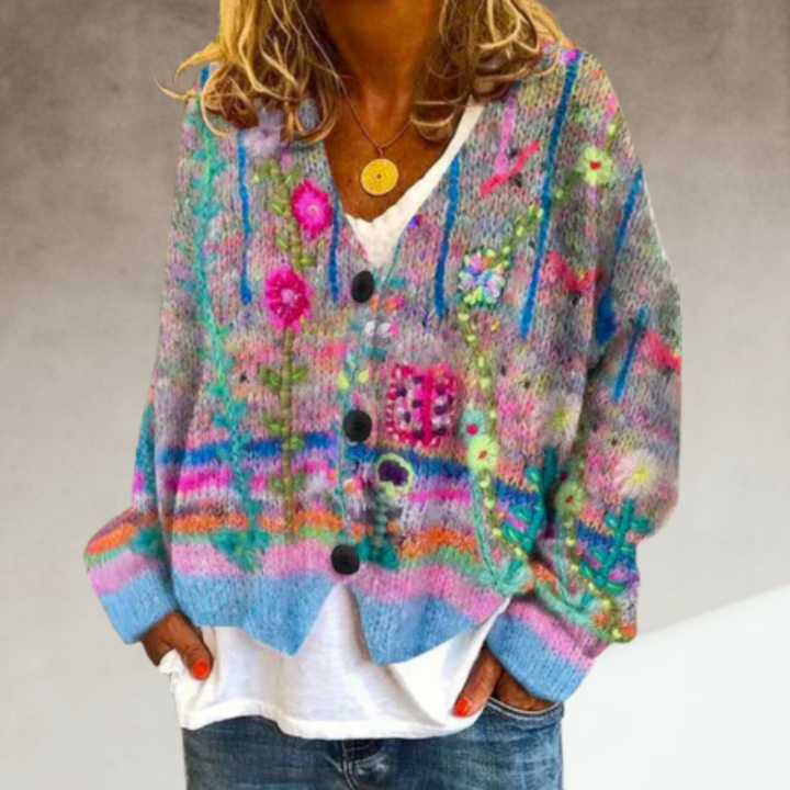 Casual women's artistic floral cardigan, Evie style, a lightweight and open layering top for various looks.