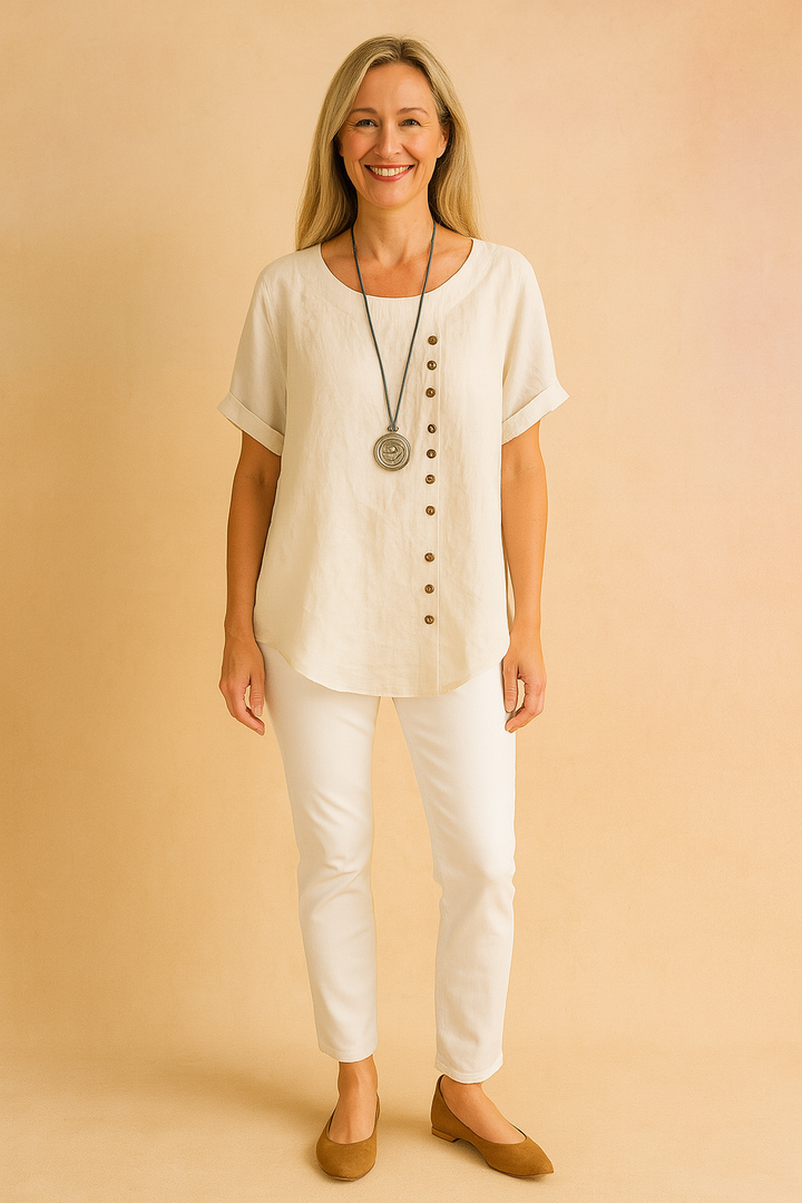 Casual women's asymmetrical top with short sleeves and front buttons, a fashionable daily wear choice.