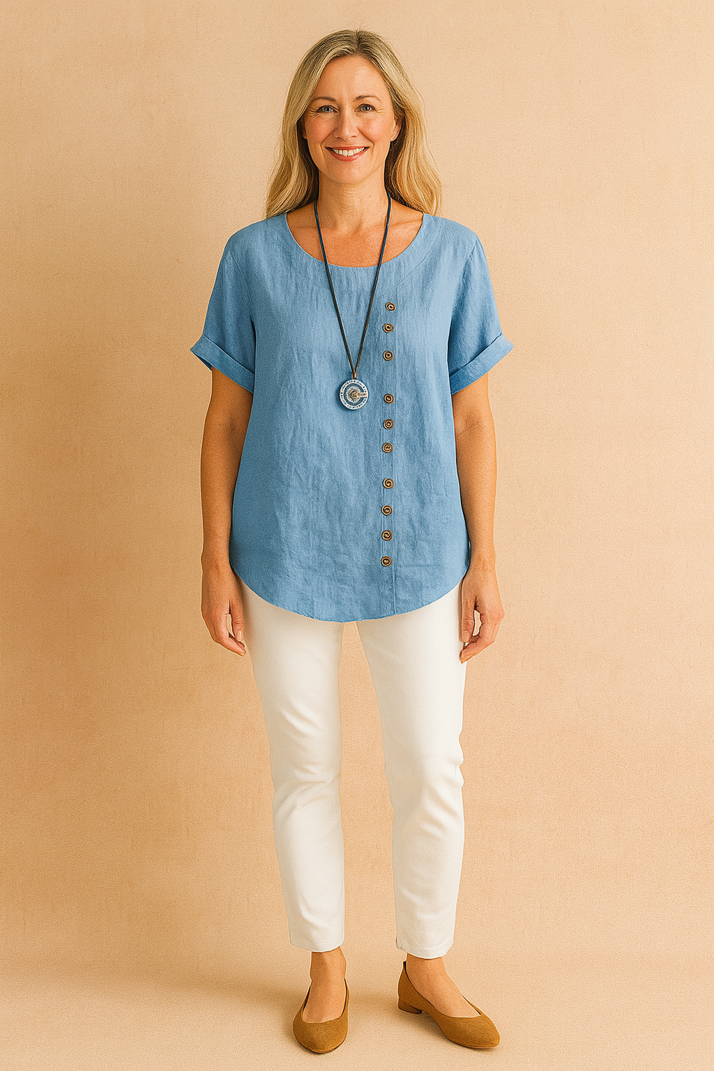 Stylish women's asymmetrical blouse, short sleeve, with prominent button closure for modern look.