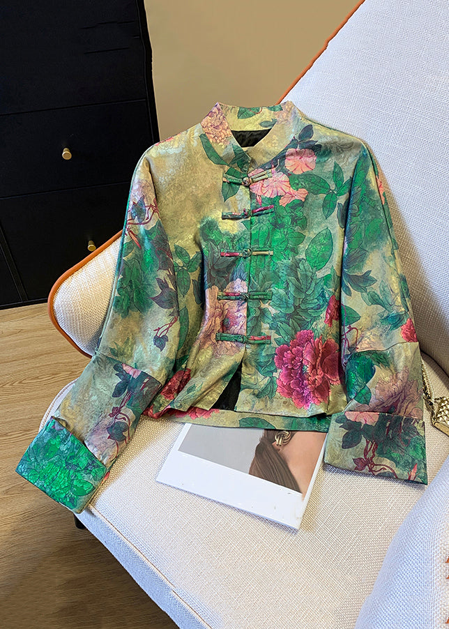 Women's autumn coat with elegant Chinese button print. Stylish long-sleeve fall outerwear for unique fashion.