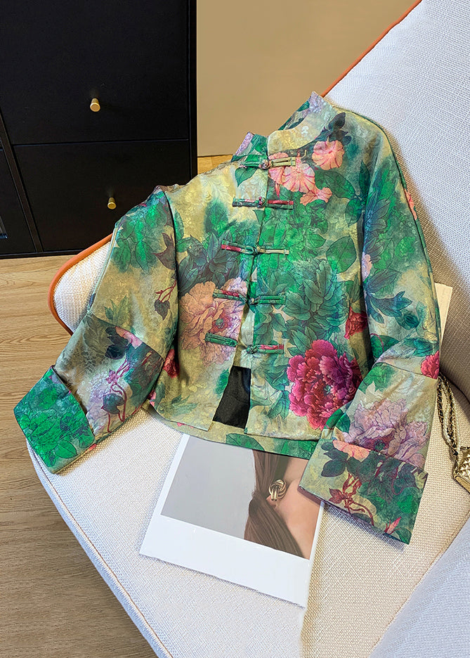 Elegant women's Chinese print autumn coat. Unique button jacket, perfect fall outerwear for stylish women.
