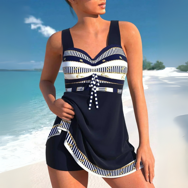 Stylish women's Aztec print tankini swimdress with ruched side panels for tummy control, swimwear