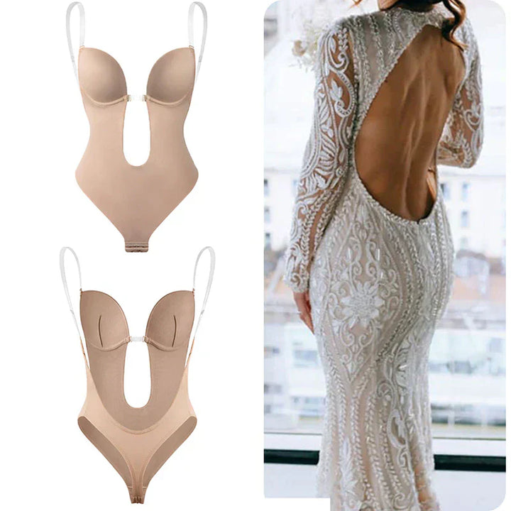 Seamless backless bodysuit shaper for women. Ideal invisible support & tummy control for special occasions.