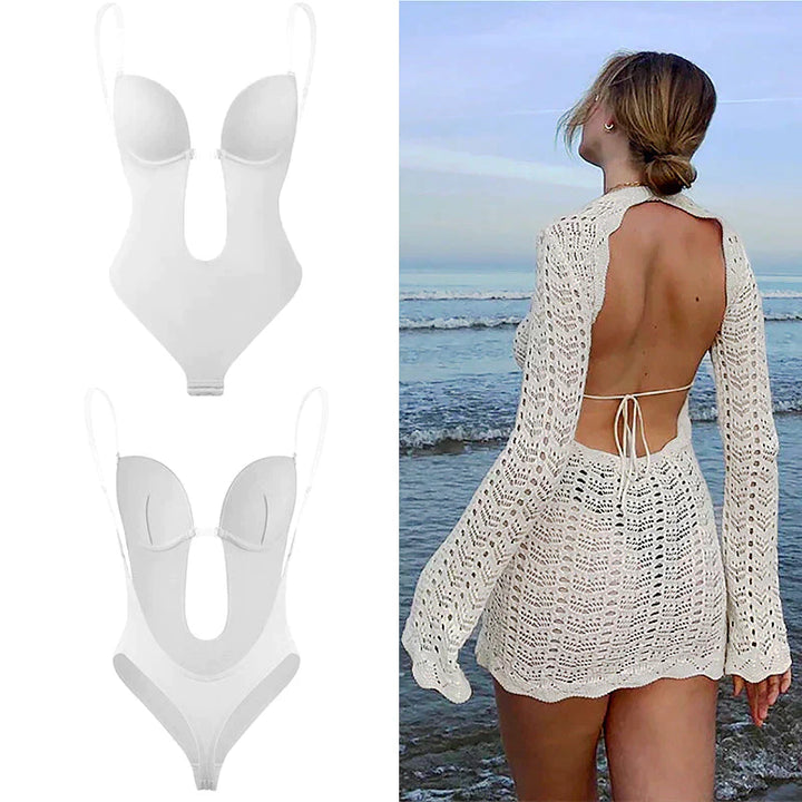 Women's backless body shaper with firm tummy control & bust support. Creates a slimming, confident look.