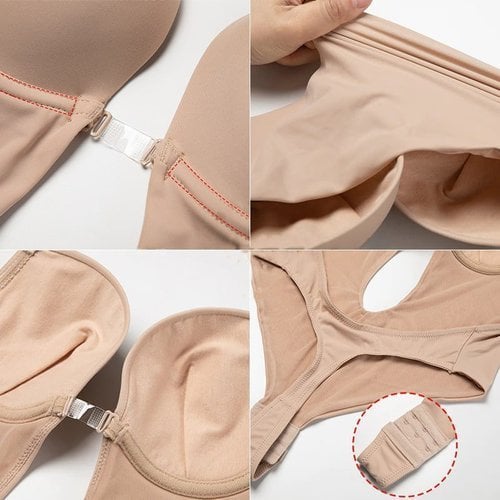 Open-bust backless body shaper for women with adjustable straps & seamless tummy control. Invisible under clothing.