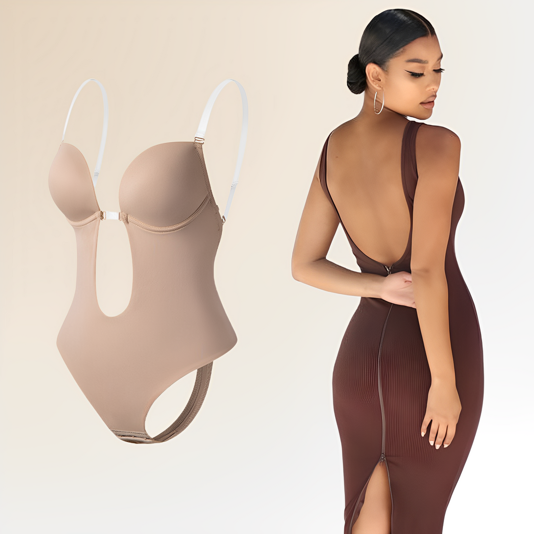 Low back women's shapewear bodysuit bra, providing invisible support for special occasion dresses.