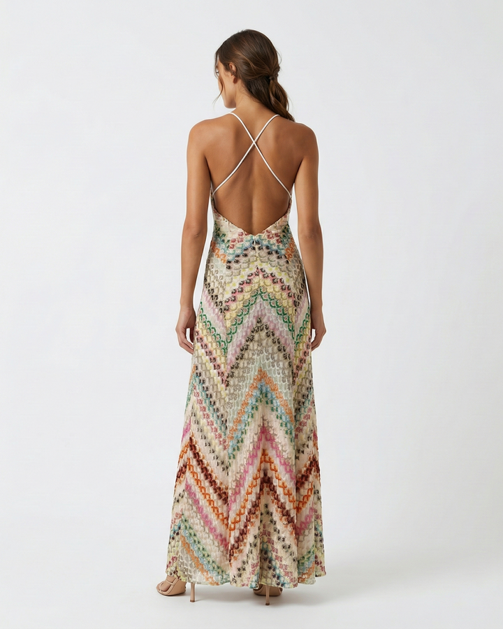 Chic women's V-neck striped maxi dress, an ideal party or occasion wear for warm weather.
