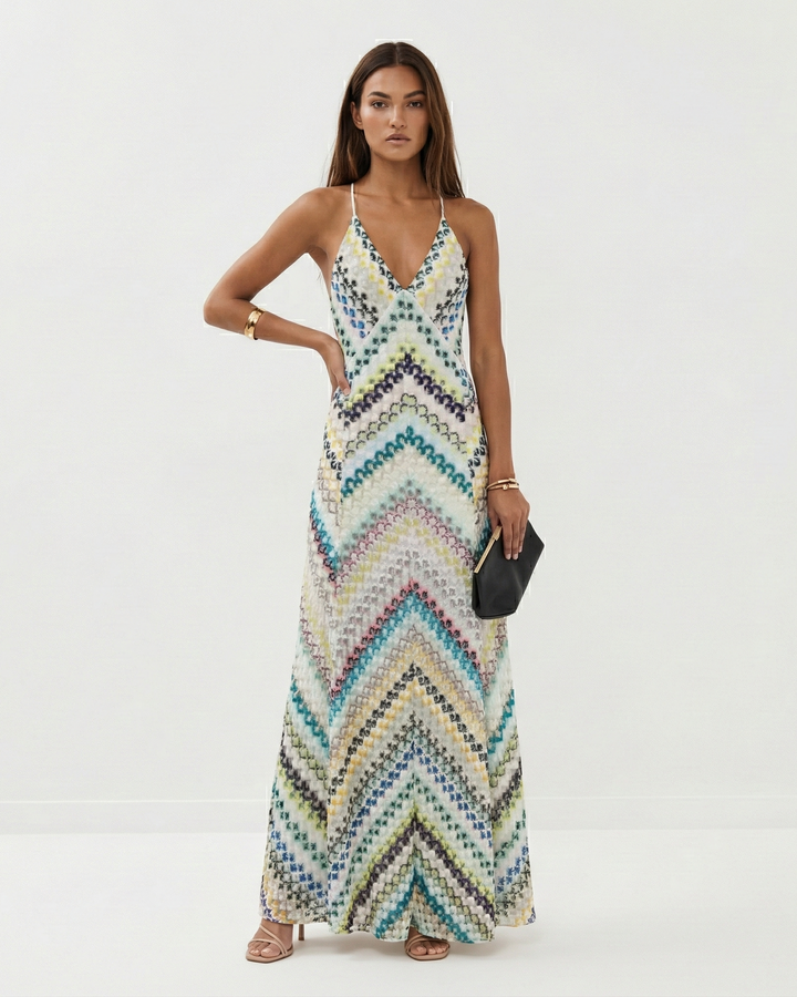 Fashionable women's backless striped maxi dress for summer evenings, resort trips, or special events.