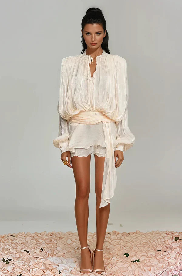 Women's balloon sleeve ruffle mini dress in blush, perfect for spring cocktail parties