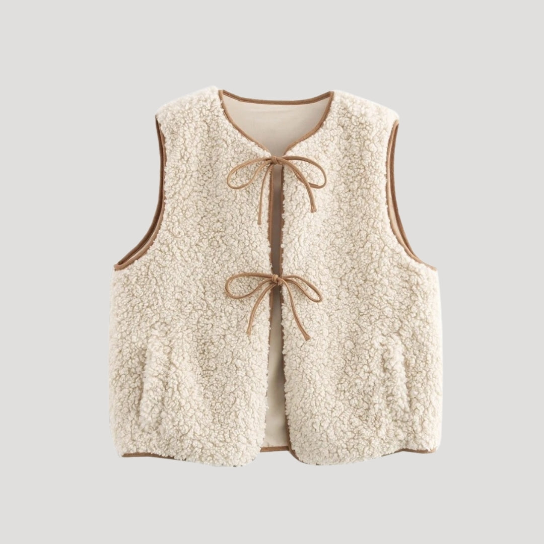 Women's beige lightweight tie-front cozy vest, perfect for spring layering and casual wear