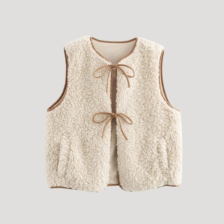 Women's beige lightweight tie-front cozy vest, perfect for spring layering and casual wear