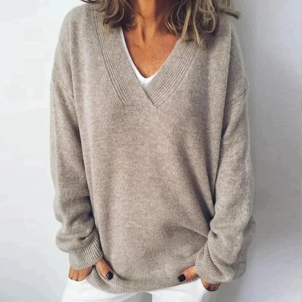 Women's beige V-neck knit sweater for spring casual wear, long sleeve knitwear
