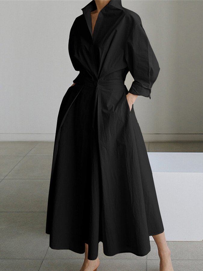 Casual women's belted maxi dress, shirtdress design with pockets, comfortable spring and summer outfit