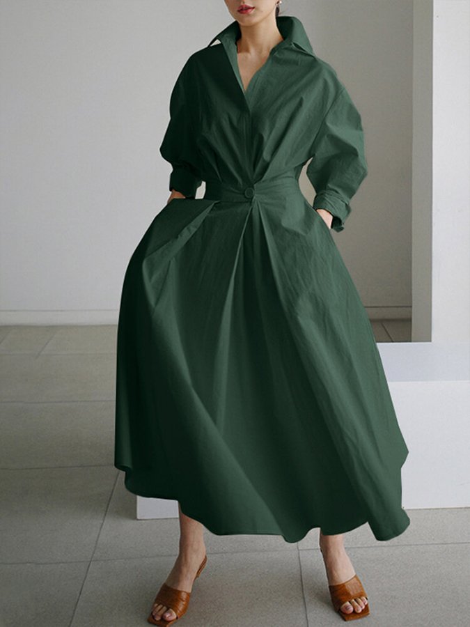 Summer women's belted maxi dress, shirtdress style, includes pockets for convenience and style