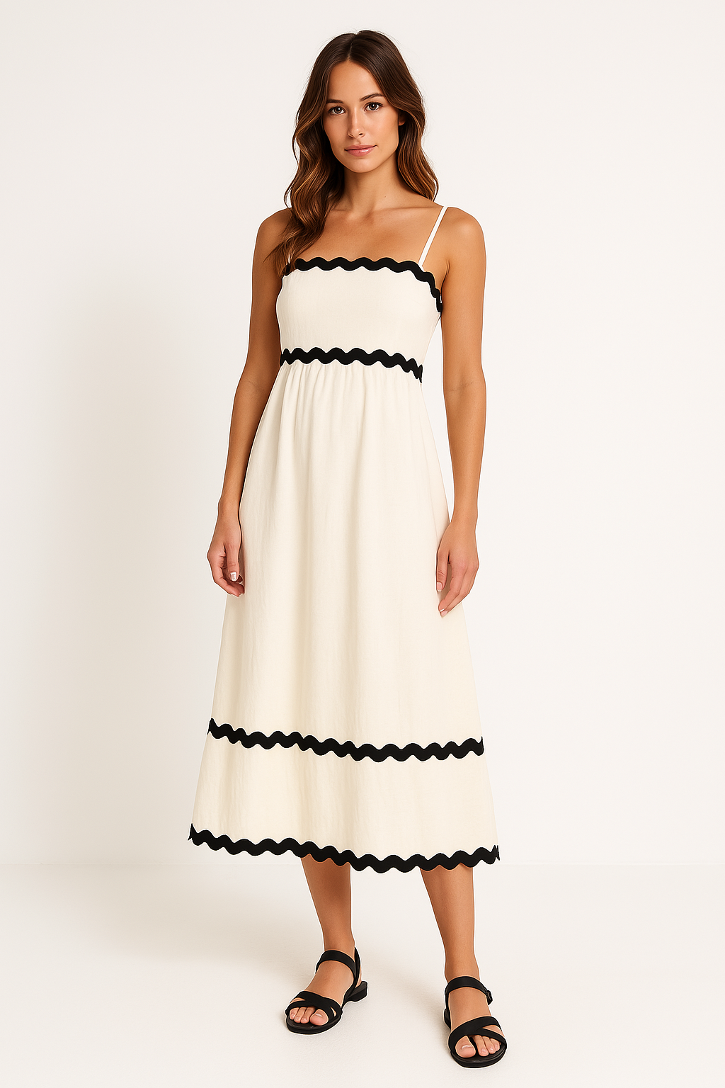 Elegant women's A-line maxi dress in a flowing fabric, featuring delicate spaghetti straps.