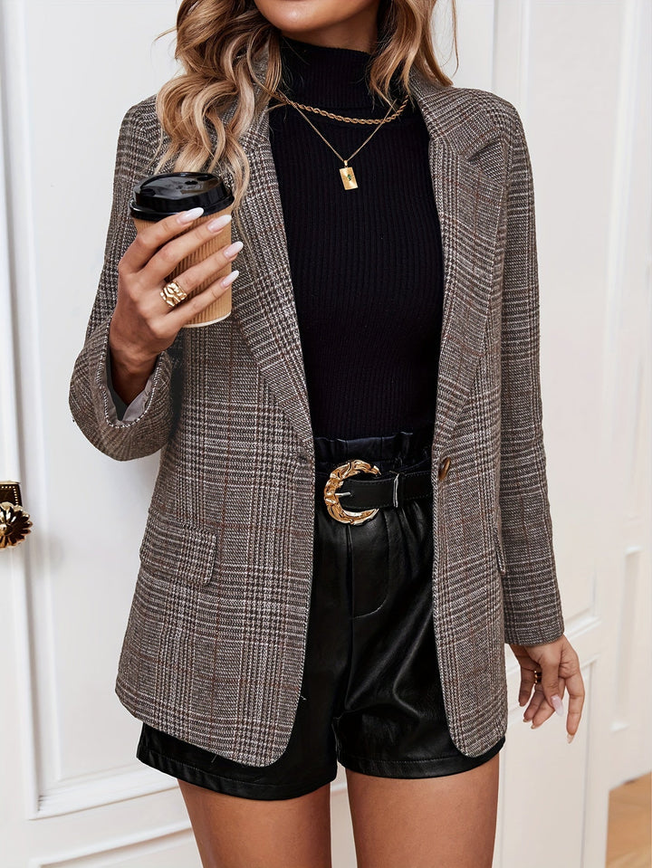 Women's black and white plaid long sleeve casual blazer jacket, tailored fit for office wear