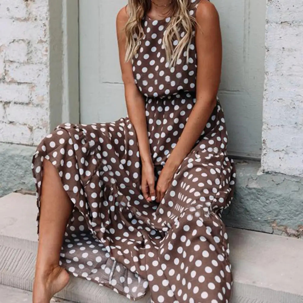 Sleeveless midi dress with classic polka dot pattern, perfect women's casual summer attire