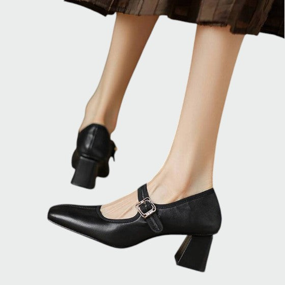 Women's elegant black Mary Jane shoes, block heel design with a chic buckle accent
