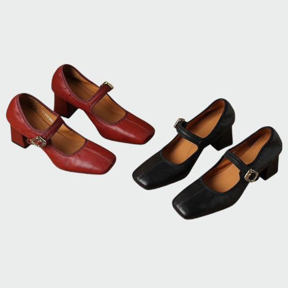 Sophisticated women's black block heel Mary Jane shoes with a single buckle closure