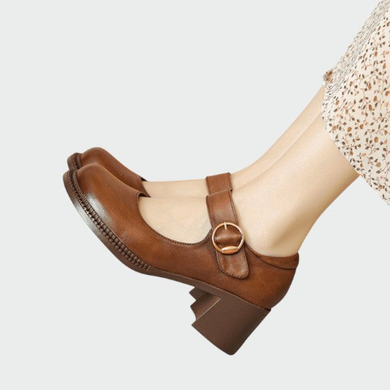 Classic black Mary Jane footwear for women, chunky heel, adjustable buckle strap