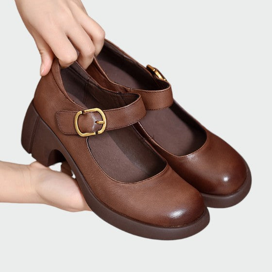 Comfortable women's Mary Jane shoes with sturdy chunky heel and decorative buckle
