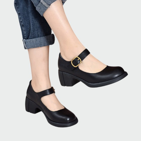 Black chunky heel Mary Jane shoes, perfect for women seeking classic footwear with buckle