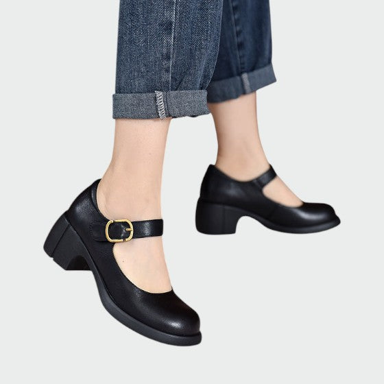 Women's fashionable Mary Jane shoes featuring a chunky heel and prominent buckle