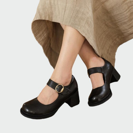 Classic women's footwear: chunky-heel Mary Jane shoes with a sleek buckle