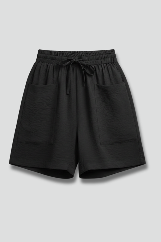 Women's black elastic waist casual drawstring shorts with pockets, perfect for summer comfort and loungewear