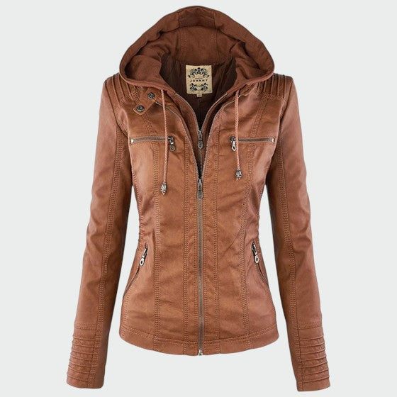 Women's black faux leather biker jacket with silver zippers, perfect for street style fashion.