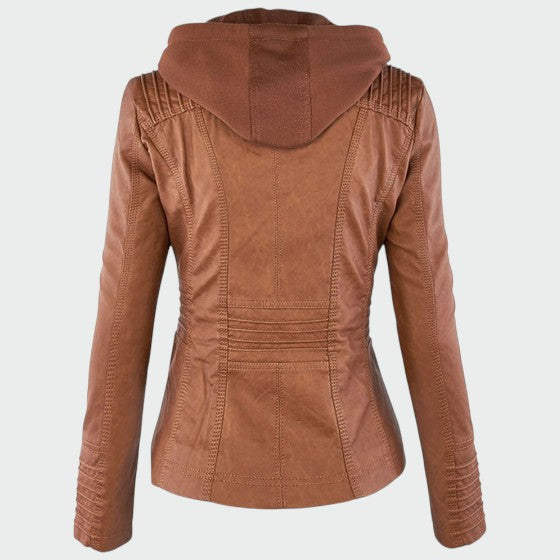 Chic women's faux leather biker jacket, a fashionable & casual outerwear piece with zip-up front.