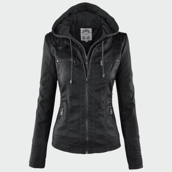 Stylish women's jacket: black faux leather biker design, ideal for a contemporary street style look.