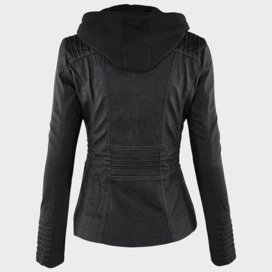 Modern women's faux leather jacket, a versatile biker style outerwear for a casual and chic outfit.