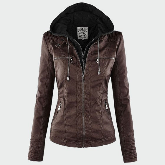 Fashion-forward women's zip-up faux leather biker jacket, great for everyday street style.