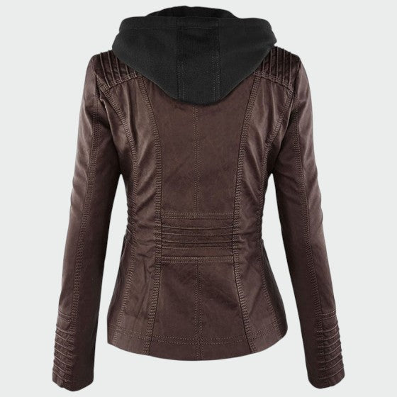 Sleek black women's faux leather biker jacket, an essential fashion outerwear for urban living.