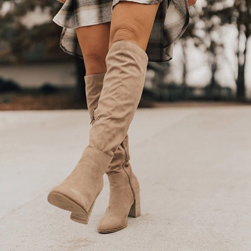 Women's black faux leather thigh-high chunky heel boots, stylish winter footwear for tall leg fashion