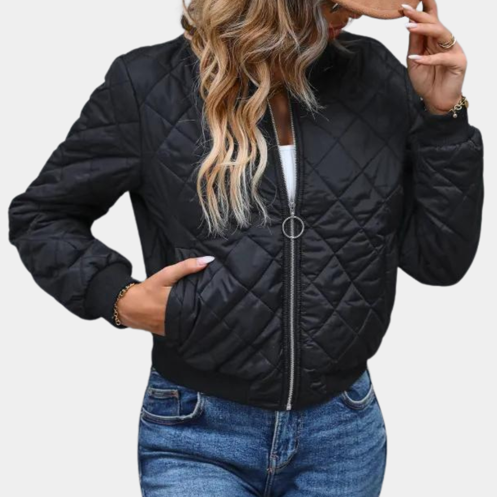Women's black full-zip bomber jacket with urban style, perfect for autumn & winter. Features cozy warmth & ribbed cuffs.