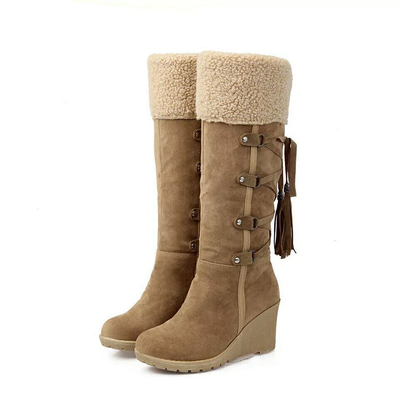 Women's black fur lined wedge winter boots, cozy & fashionable ankle footwear for cold weather