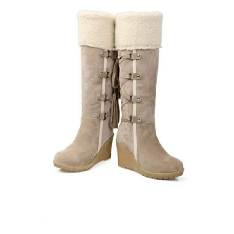 Close-up of a women's grey fur lined wedge boot, showcasing the warm interior and stylish heel