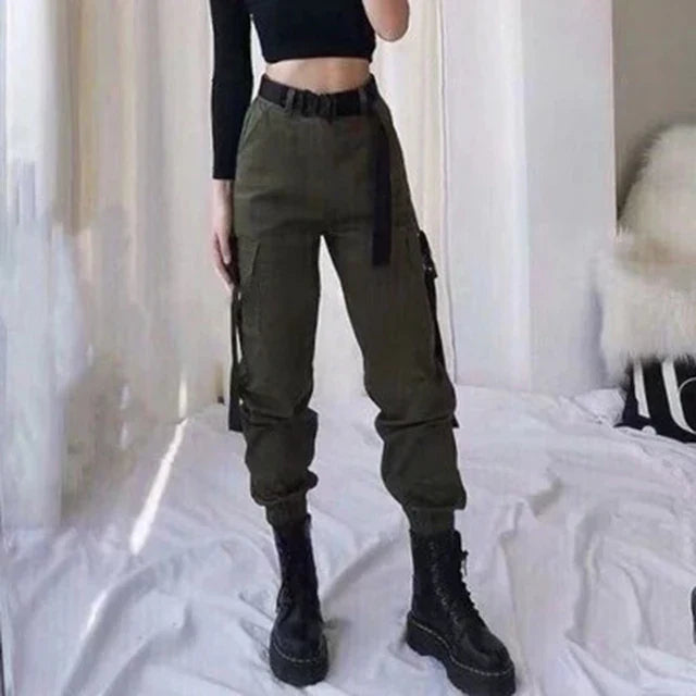 Army green women's high waist cargo pants, a comfortable streetwear choice with multi-pockets and an elastic waist.