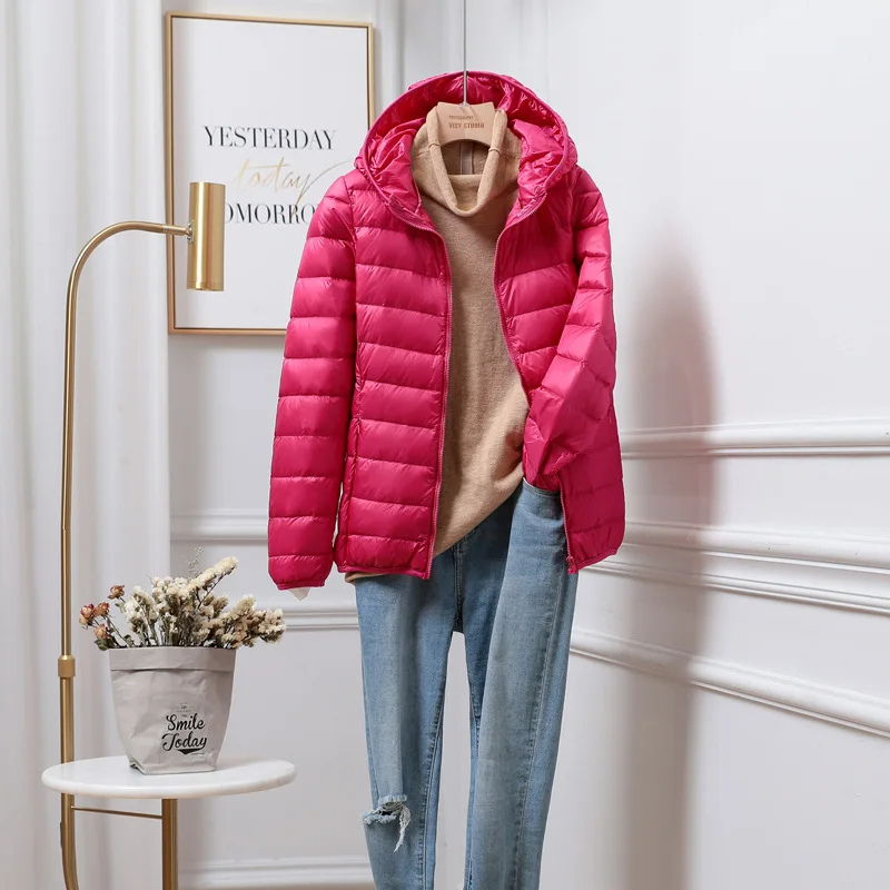 Women's white lightweight hooded puffer jacket, perfect zip-up coat for keeping warm