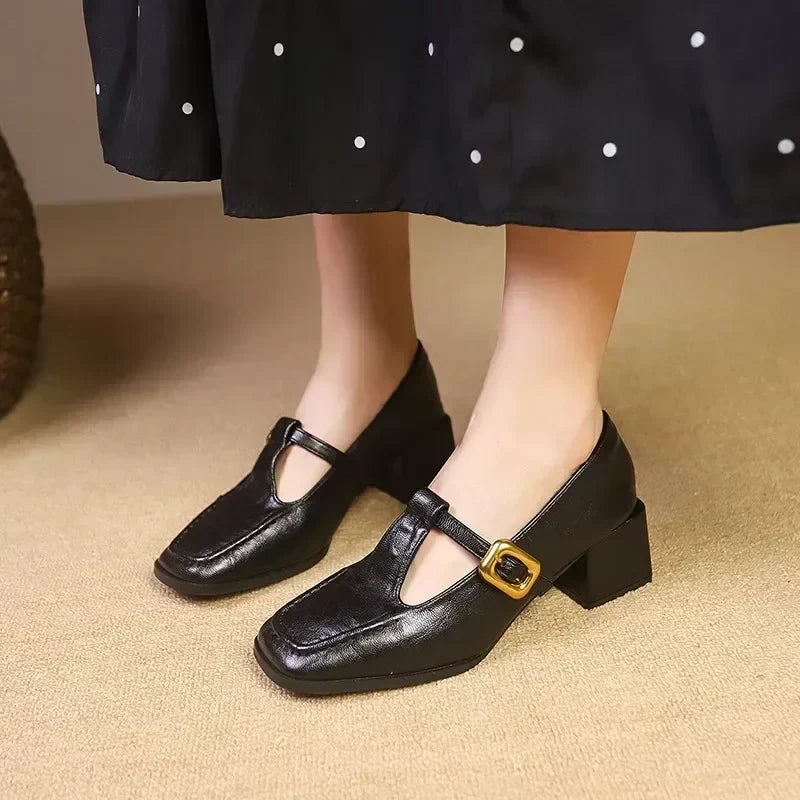 Vintage style black Mary Jane block heels, square toe women's shoes for classic and comfortable wear.