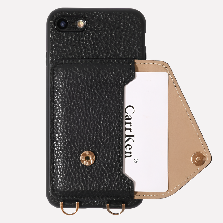 Women's black leather crossbody phone case with card holder & lanyard, close up of textured leather