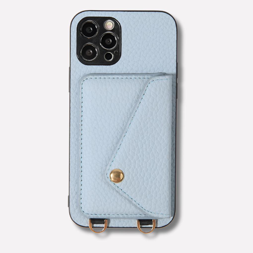 Stylish women's leather phone case in tan with convenient card slots and detachable crossbody lanyard
