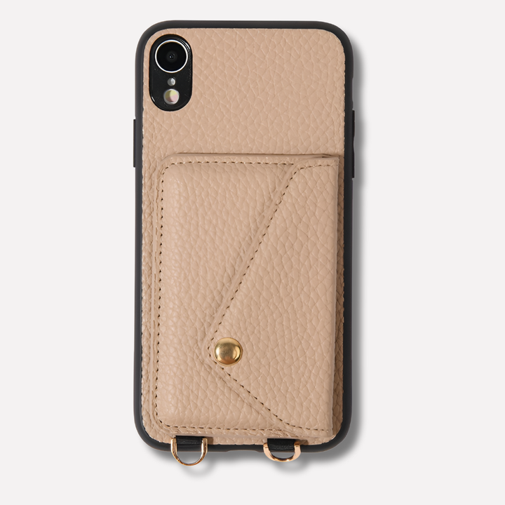 Hands-free women's leather crossbody phone case with card holder & adjustable lanyard, front view