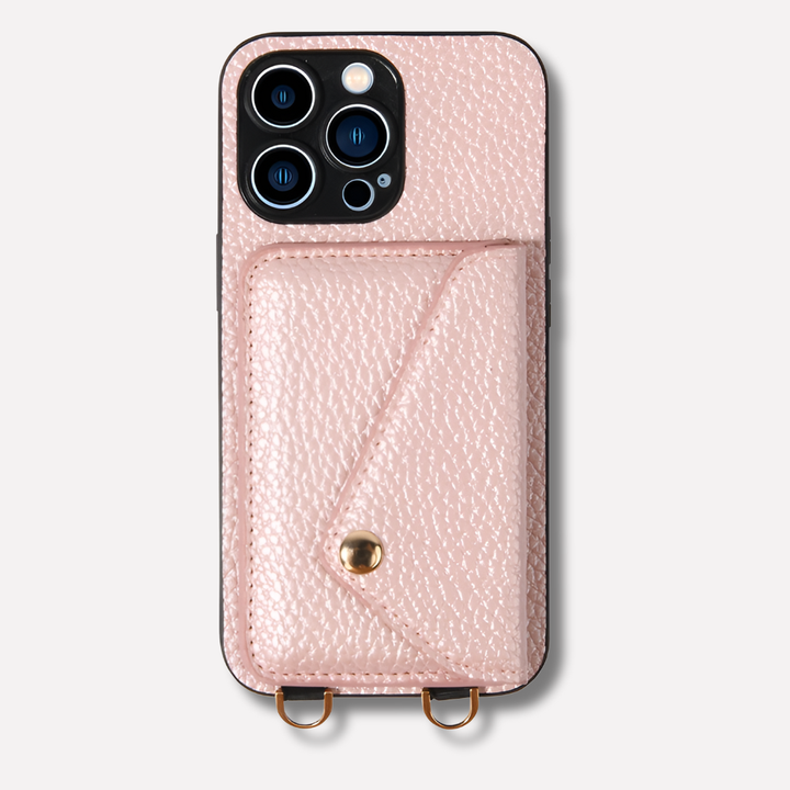 Detail of women's leather crossbody phone case with card holder, showing secure snap closure and lanyard attachment